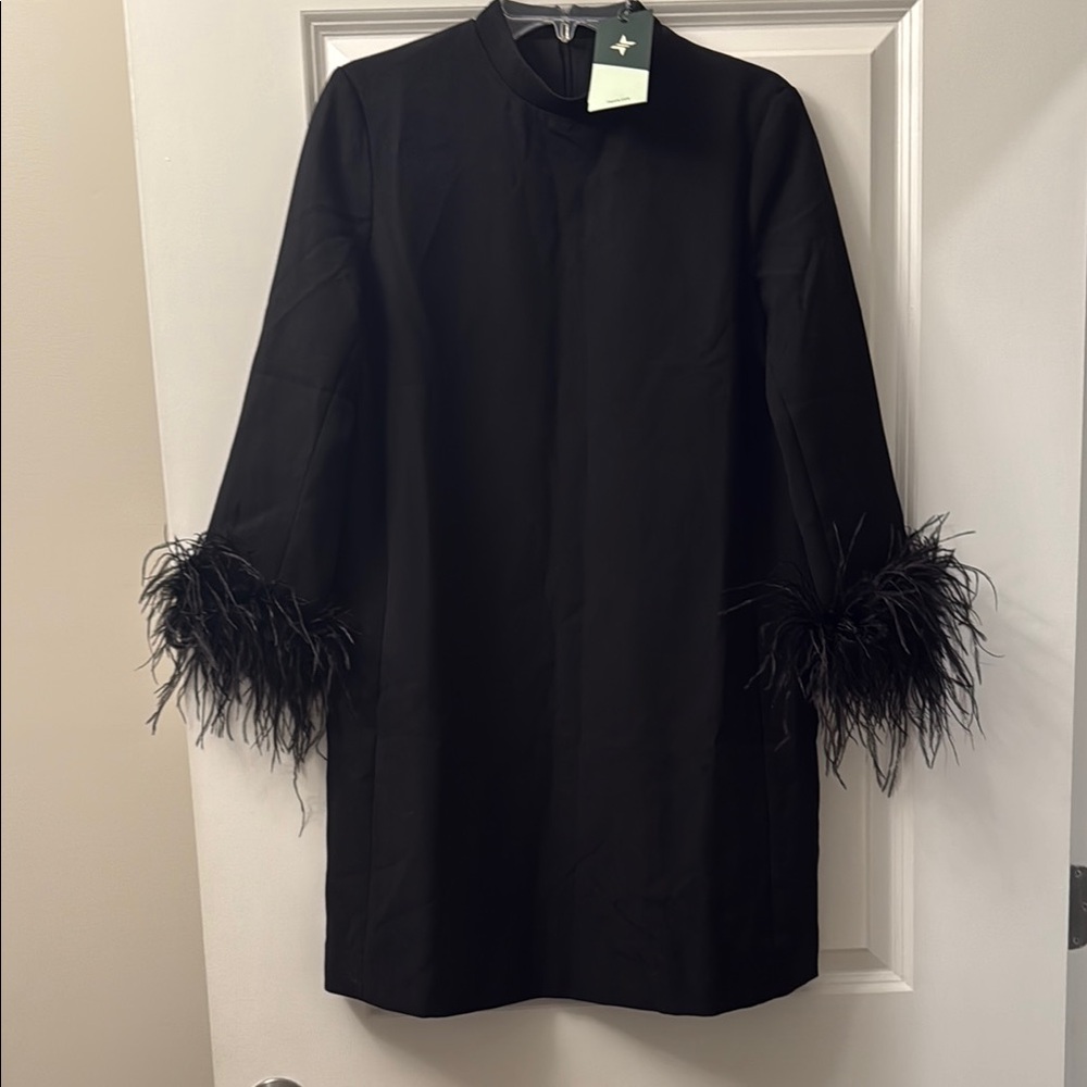 Tuckernuck Mod Ellie Black Long Sleeve Mini Dress with Feather Cuffs NWT